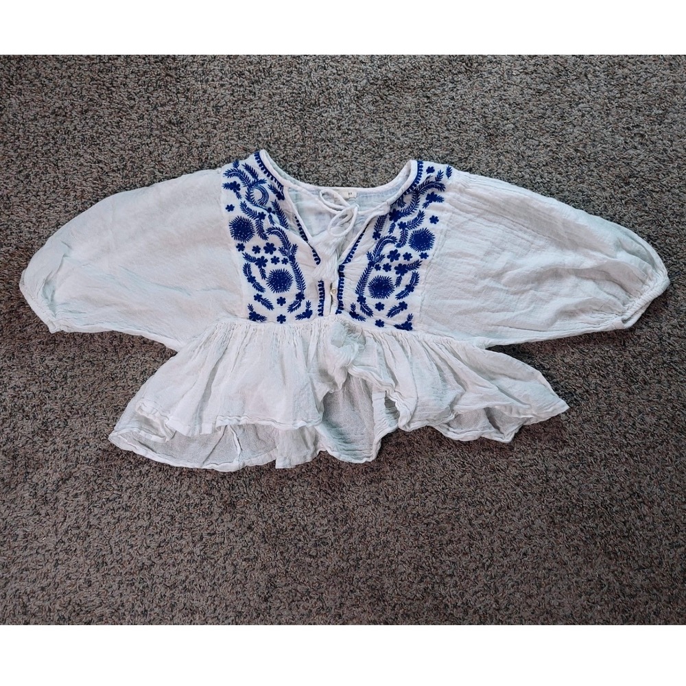En Crème Embroidered Peasant Top S White Womens Boho Tassel Cotton ET57017HK
